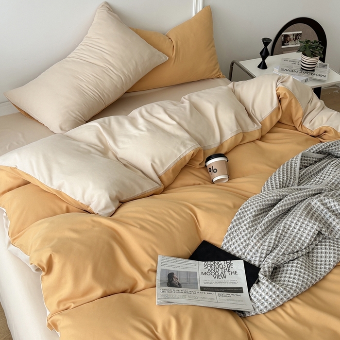 91家纺网 家纺一手货源 找家纺 百花王 2025新款亲肤舒适简约纯色水洗棉四件套 炭烤起司