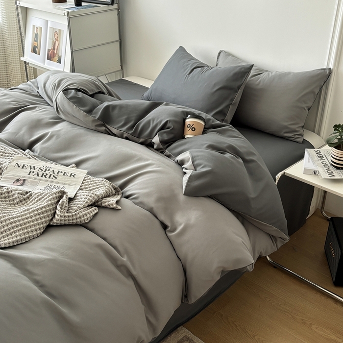 91家纺网 家纺一手货源 找家纺 百花王 2025新款亲肤舒适简约纯色水洗棉四件套 雾霾灰