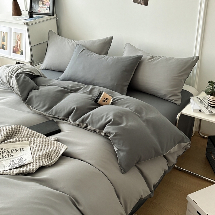 百花王 2025新款亲肤舒适简约纯色水洗棉四件套 雾霾灰