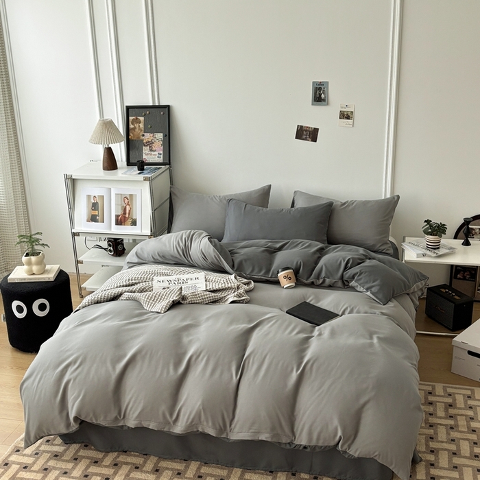 91家纺网 家纺一手货源 找家纺 百花王 2025新款亲肤舒适简约纯色水洗棉四件套 雾霾灰