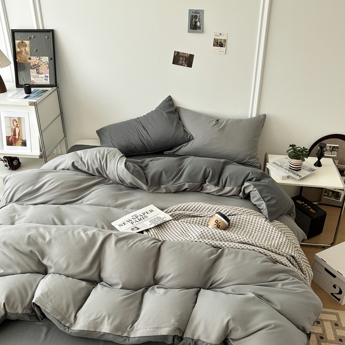 91家纺网 家纺一手货源 找家纺 百花王 2025新款亲肤舒适简约纯色水洗棉四件套 雾霾灰