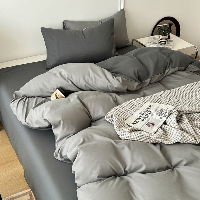 91家纺网 家纺一手货源 找家纺 百花王 2025新款亲肤舒适简约纯色水洗棉四件套 雾霾灰