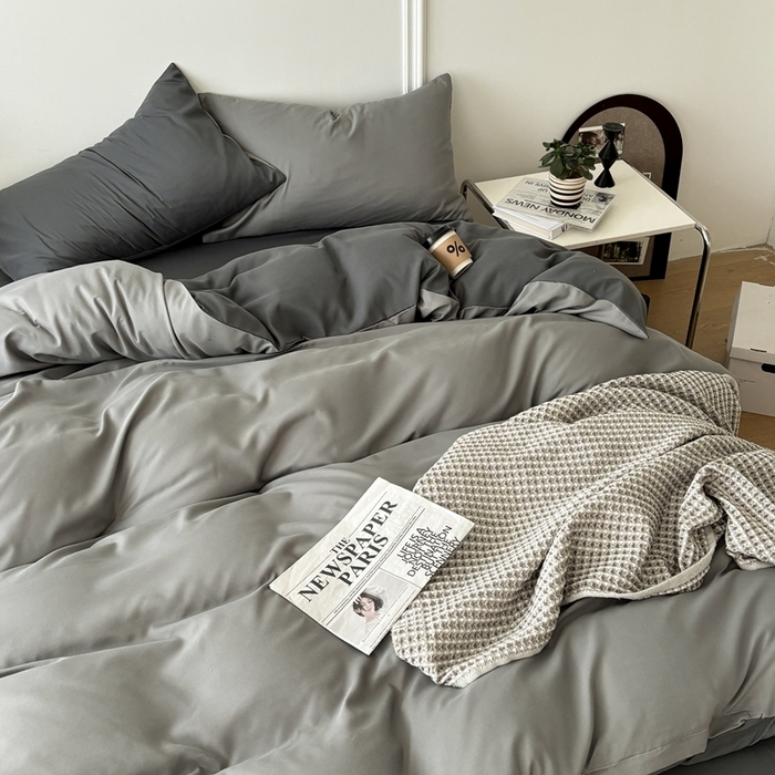 91家纺网 家纺一手货源 找家纺 百花王 2025新款亲肤舒适简约纯色水洗棉四件套 雾霾灰