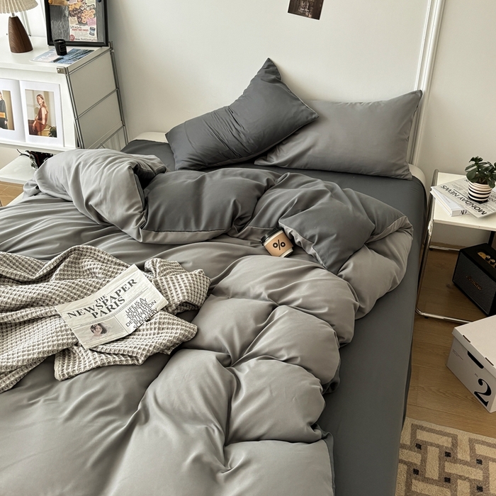 91家纺网 家纺一手货源 找家纺 百花王 2025新款亲肤舒适简约纯色水洗棉四件套 雾霾灰