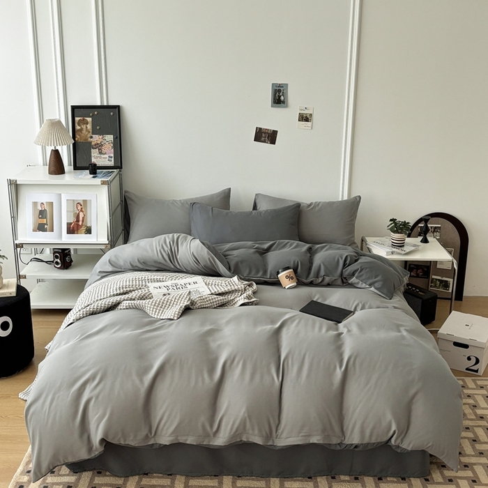 91家纺网 家纺一手货源 找家纺 百花王 2025新款亲肤舒适简约纯色水洗棉四件套 雾霾灰