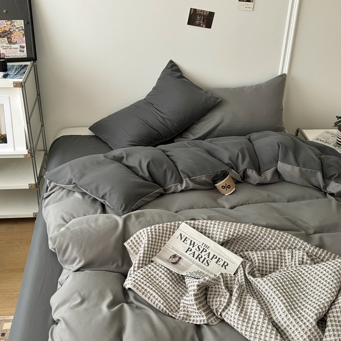 91家纺网 家纺一手货源 找家纺 百花王 2025新款亲肤舒适简约纯色水洗棉四件套 雾霾灰