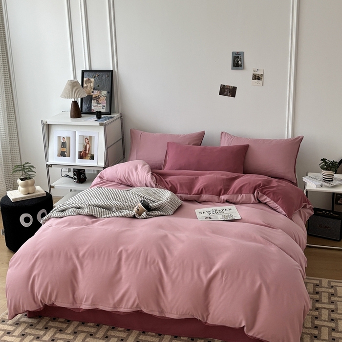 91家纺网 家纺一手货源 找家纺 百花王 2025新款亲肤舒适简约纯色水洗棉四件套 香芋奶昔