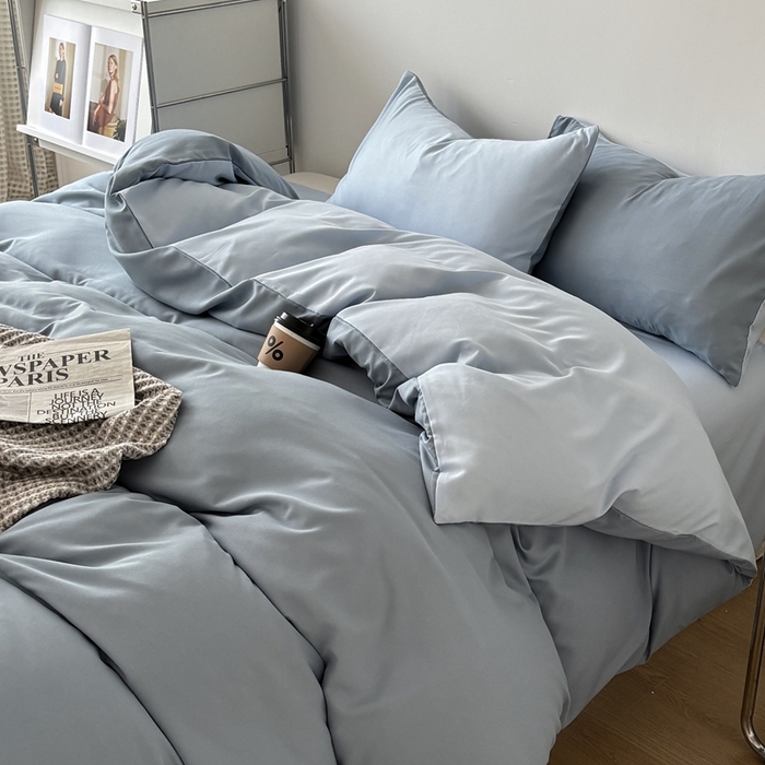 91家纺网 家纺一手货源 找家纺 百花王 2025新款亲肤舒适简约纯色水洗棉四件套 月光雾蓝