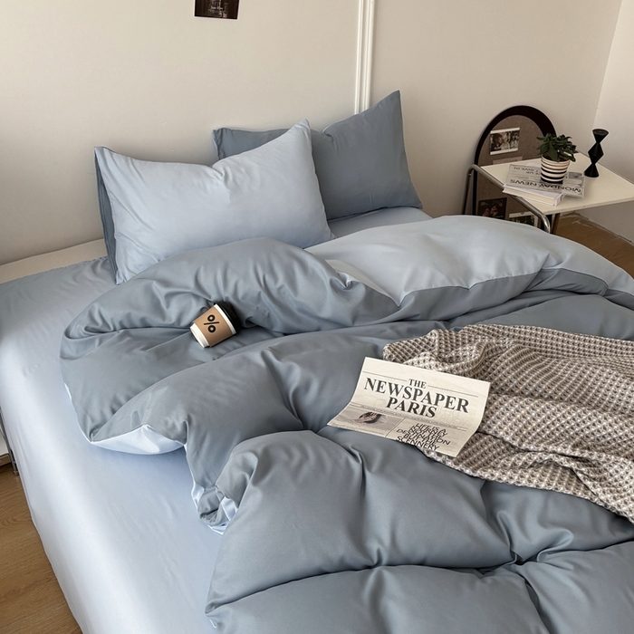 91家纺网 家纺一手货源 找家纺 百花王 2025新款亲肤舒适简约纯色水洗棉四件套 月光雾蓝
