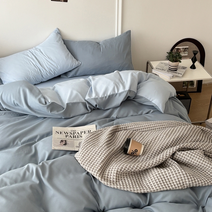 91家纺网 家纺一手货源 找家纺 百花王 2025新款亲肤舒适简约纯色水洗棉四件套 月光雾蓝