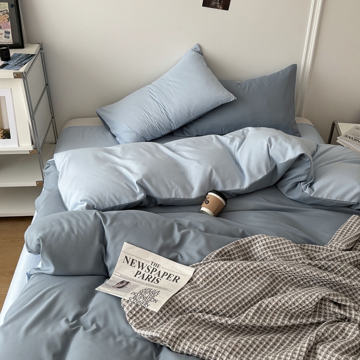 91家纺网 家纺一手货源 找家纺 百花王 2025新款亲肤舒适简约纯色水洗棉四件套 月光雾蓝