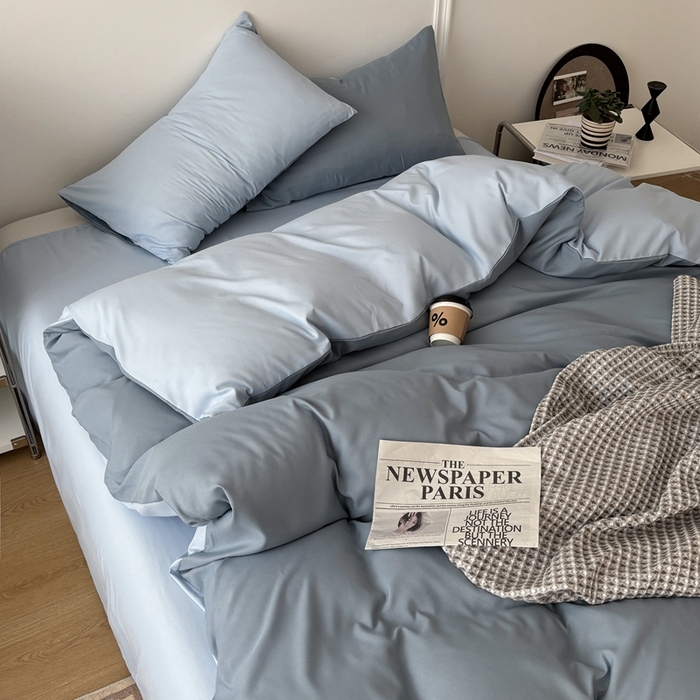 91家纺网 家纺一手货源 找家纺 百花王 2025新款亲肤舒适简约纯色水洗棉四件套 月光雾蓝