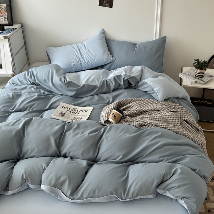 91家纺网 家纺一手货源 找家纺 百花王 2025新款亲肤舒适简约纯色水洗棉四件套 月光雾蓝