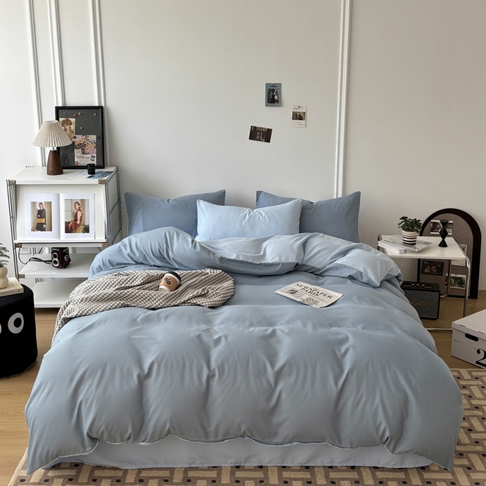 91家纺网 家纺一手货源 找家纺 百花王 2025新款亲肤舒适简约纯色水洗棉四件套 月光雾蓝