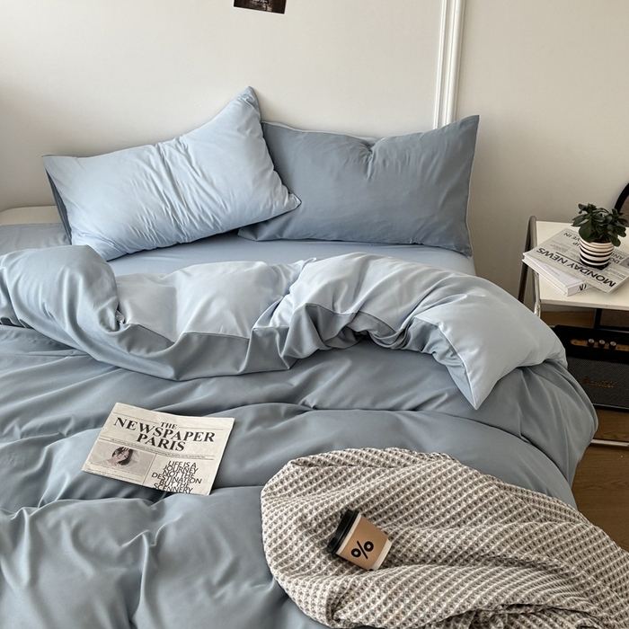 91家纺网 家纺一手货源 找家纺 百花王 2025新款亲肤舒适简约纯色水洗棉四件套 月光雾蓝