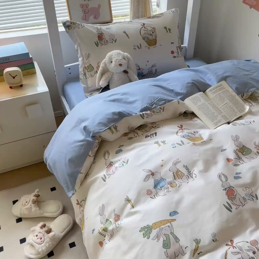 91家纺网 家纺一手货源 找家纺 金鑫汇家纺 2025新款印花花型-学生上下铺三件套 收获满满-蓝