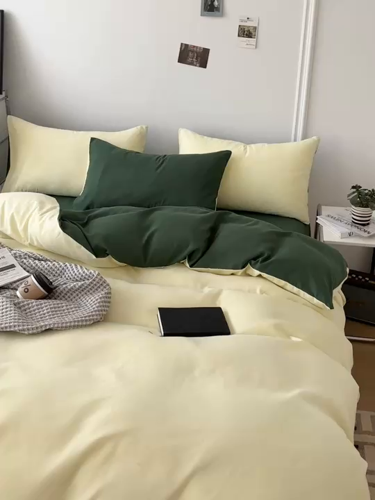 91家纺网 家纺一手货源 找家纺 百花王 2025新款亲肤舒适简约纯色水洗棉四件套 豆绿牛乳