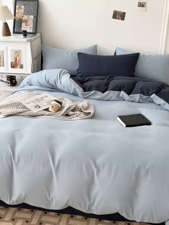 91家纺网 家纺一手货源 找家纺 百花王 2025新款亲肤舒适简约纯色水洗棉四件套 洛克浅蓝