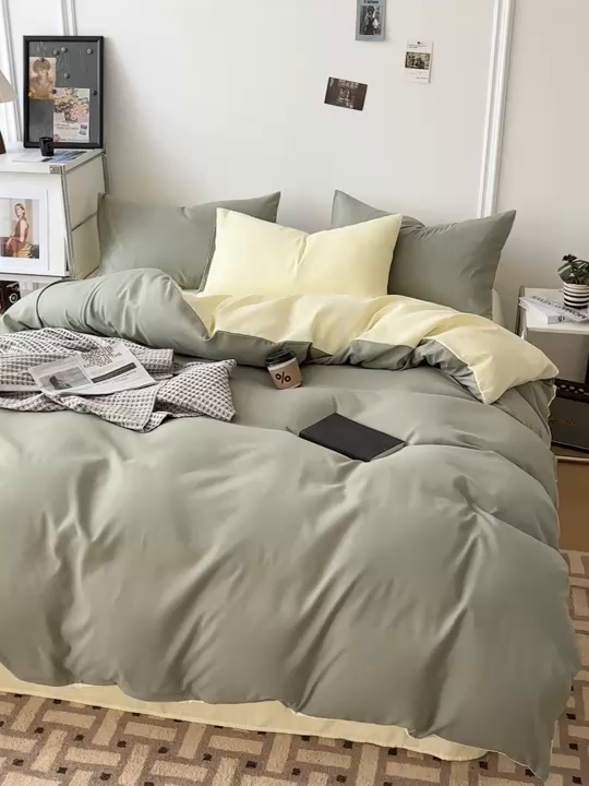 91家纺网 家纺一手货源 找家纺 百花王 2025新款亲肤舒适简约纯色水洗棉四件套 抹茶奶油