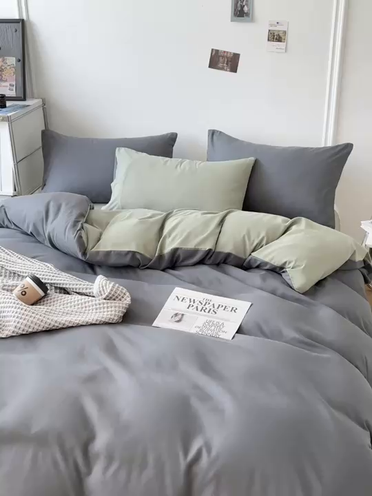 91家纺网 家纺一手货源 找家纺 百花王 2025新款亲肤舒适简约纯色水洗棉四件套 抹茶深灰