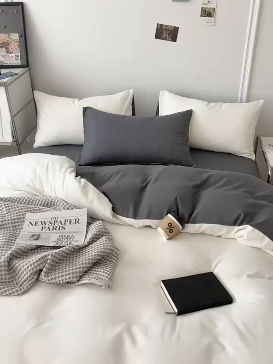 91家纺网 家纺一手货源 找家纺 百花王 2025新款亲肤舒适简约纯色水洗棉四件套 奶白灰