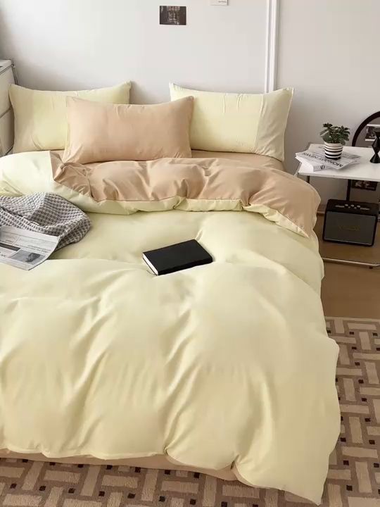 91家纺网 家纺一手货源 找家纺 百花王 2025新款亲肤舒适简约纯色水洗棉四件套 奶茶芝士