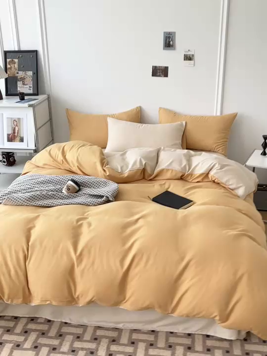 91家纺网 家纺一手货源 找家纺 百花王 2025新款亲肤舒适简约纯色水洗棉四件套 炭烤起司