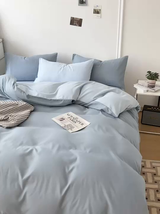91家纺网 家纺一手货源 找家纺 百花王 2025新款亲肤舒适简约纯色水洗棉四件套 月光雾蓝