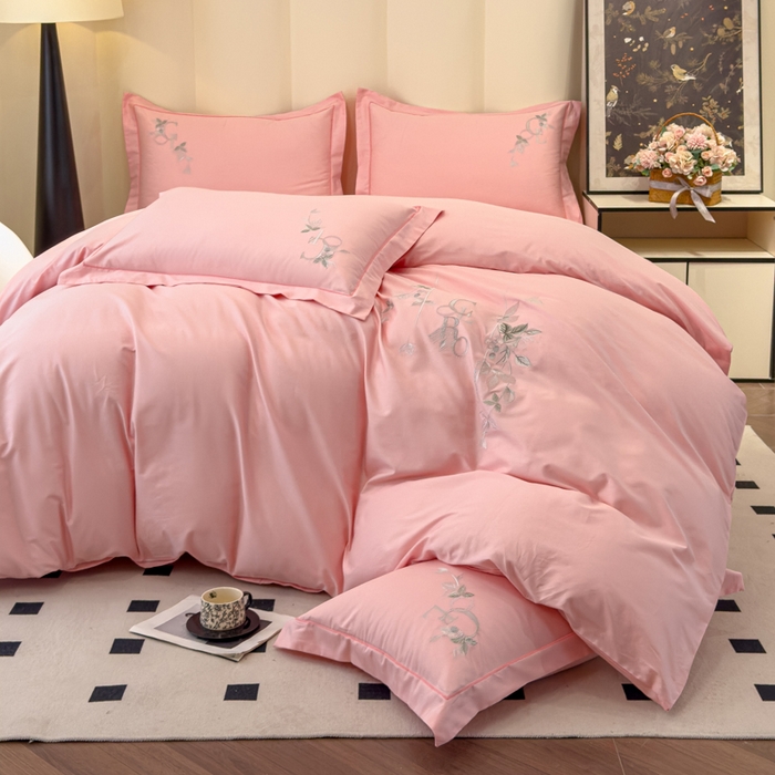 U品汇 【亏本特价】A类纯棉全棉40S支长绒棉刺绣花四件套100%棉高端礼盒 夏瑾-糖果粉