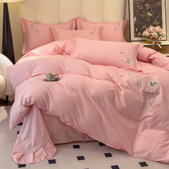 91家纺网 家纺一手货源 找家纺 U品汇 【亏本特价】A类纯棉全棉40S支长绒棉刺绣花四件套100%棉高端礼盒 夏瑾-糖果粉