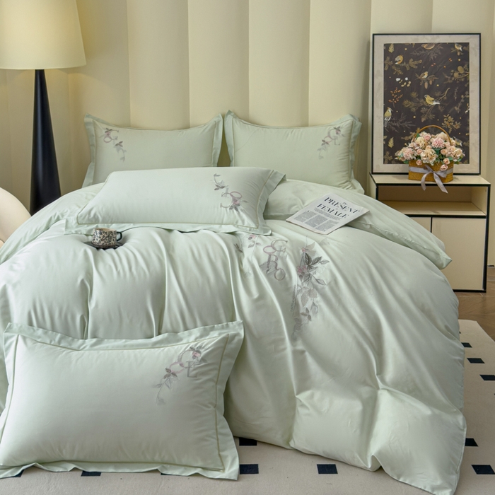 91家纺网 家纺一手货源 找家纺 U品汇 【亏本特价】A类纯棉全棉40S支长绒棉刺绣花四件套100%棉高端礼盒 夏瑾-清澈绿