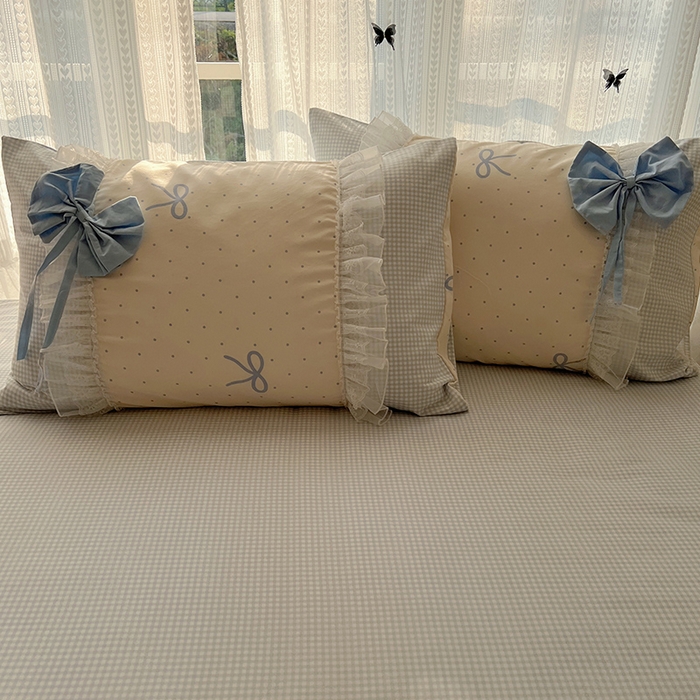 91家纺网 家纺一手货源 找家纺 （总）瑞莱 2025新款水洗棉拼接工艺花边款四件套-波点蝴蝶结