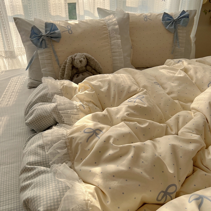 91家纺网 家纺一手货源 找家纺 （总）瑞莱 2025新款水洗棉拼接工艺花边款四件套-波点蝴蝶结