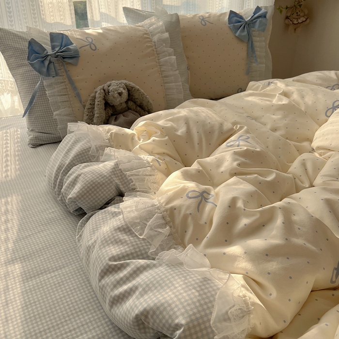 91家纺网 家纺一手货源 找家纺 （总）瑞莱 2025新款水洗棉拼接工艺花边款四件套-波点蝴蝶结