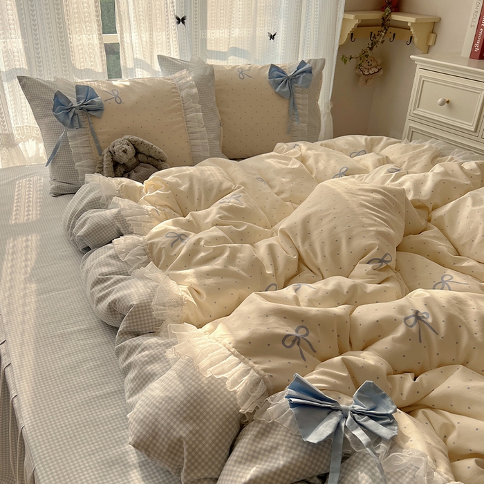 91家纺网 家纺一手货源 找家纺 （总）瑞莱 2025新款水洗棉拼接工艺花边款四件套-波点蝴蝶结