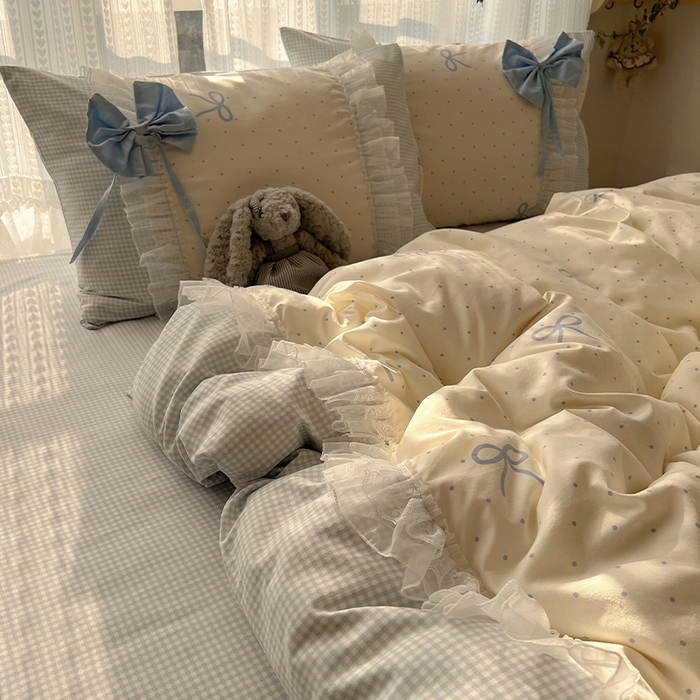 91家纺网 家纺一手货源 找家纺 （总）瑞莱 2025新款水洗棉拼接工艺花边款四件套-波点蝴蝶结