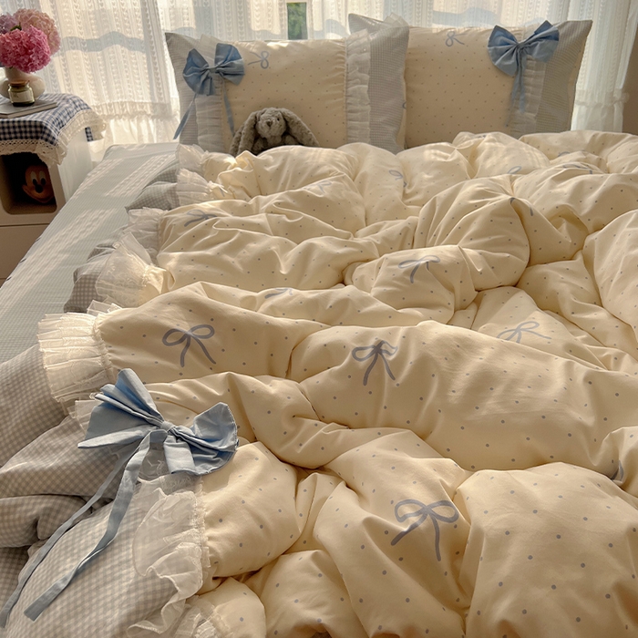 91家纺网 家纺一手货源 找家纺 （总）瑞莱 2025新款水洗棉拼接工艺花边款四件套-波点蝴蝶结