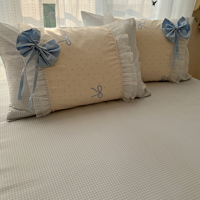 91家纺网 家纺一手货源 找家纺 瑞莱 2025新款水洗棉拼接工艺花边款四件套-波点蝴蝶结 波点蝴蝶结-蓝