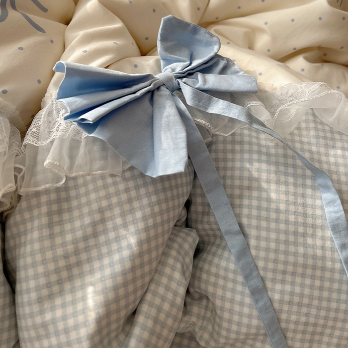 91家纺网 家纺一手货源 找家纺 瑞莱 2025新款水洗棉拼接工艺花边款四件套-波点蝴蝶结 波点蝴蝶结-蓝