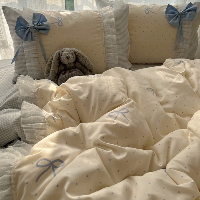 91家纺网 家纺一手货源 找家纺 瑞莱 2025新款水洗棉拼接工艺花边款四件套-波点蝴蝶结 波点蝴蝶结-蓝