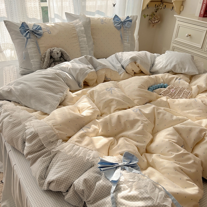 91家纺网 家纺一手货源 找家纺 瑞莱 2025新款水洗棉拼接工艺花边款四件套-波点蝴蝶结 波点蝴蝶结-蓝