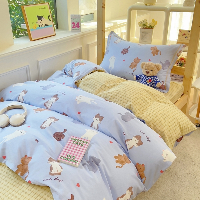 91家纺网 家纺一手货源 找家纺 铭博家纺 新款100%全棉印花学生季宿舍上下铺三件套 喵星庆典