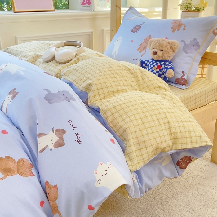 91家纺网 家纺一手货源 找家纺 铭博家纺 新款100%全棉印花学生季宿舍上下铺三件套 喵星庆典