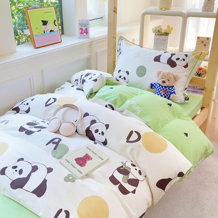 91家纺网 家纺一手货源 找家纺 铭博家纺 新款100%全棉印花学生季宿舍上下铺三件套 呆萌熊猫