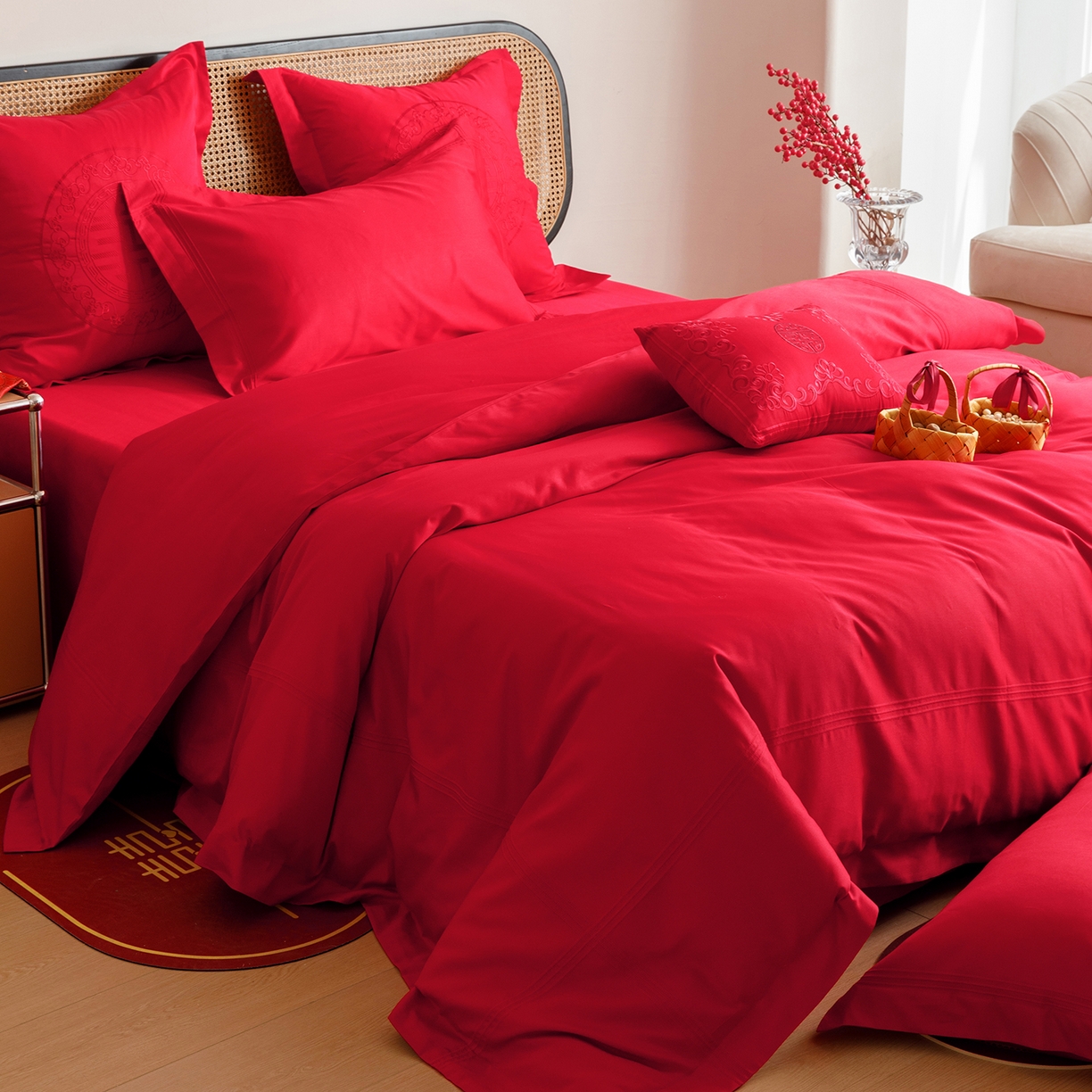 91家纺网 家纺一手货源 找家纺 （总）用心 2025新款长绒棉刺绣新中式婚庆多件套系列