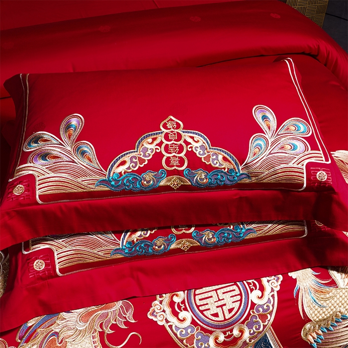 91家纺网 家纺一手货源 找家纺 用心 2025新款长绒棉刺绣新中式婚庆多件套系列 龙祥凤禧