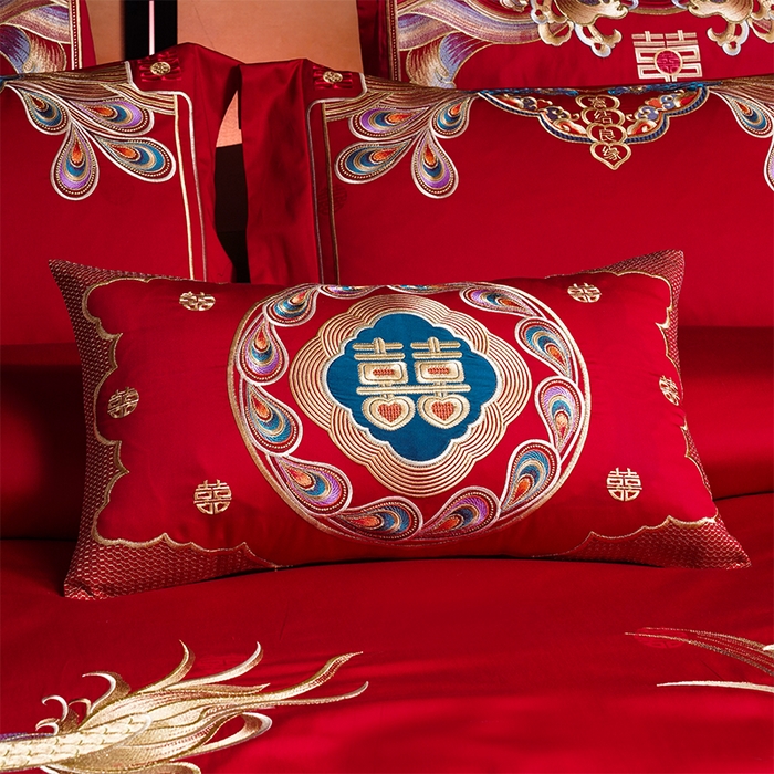 91家纺网 家纺一手货源 找家纺 用心 2025新款长绒棉刺绣新中式婚庆多件套系列 龙祥凤禧