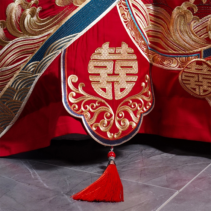 91家纺网 家纺一手货源 找家纺 用心 2025新款长绒棉刺绣新中式婚庆多件套系列 龙祥凤禧