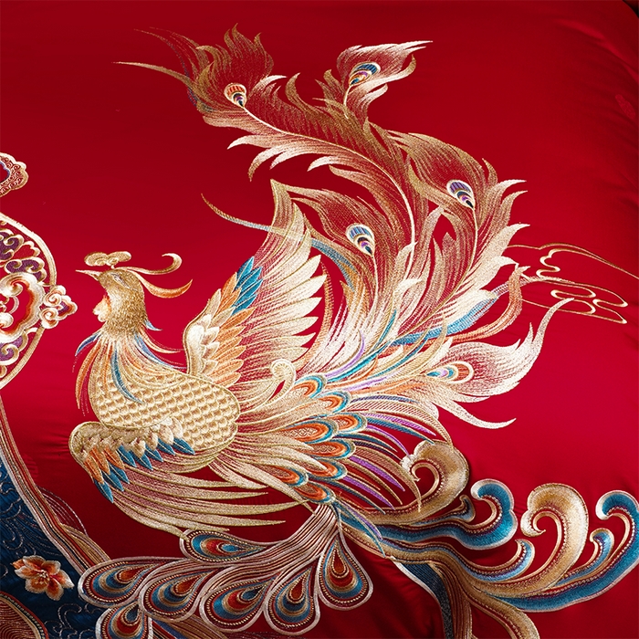 91家纺网 家纺一手货源 找家纺 用心 2025新款长绒棉刺绣新中式婚庆多件套系列 龙祥凤禧