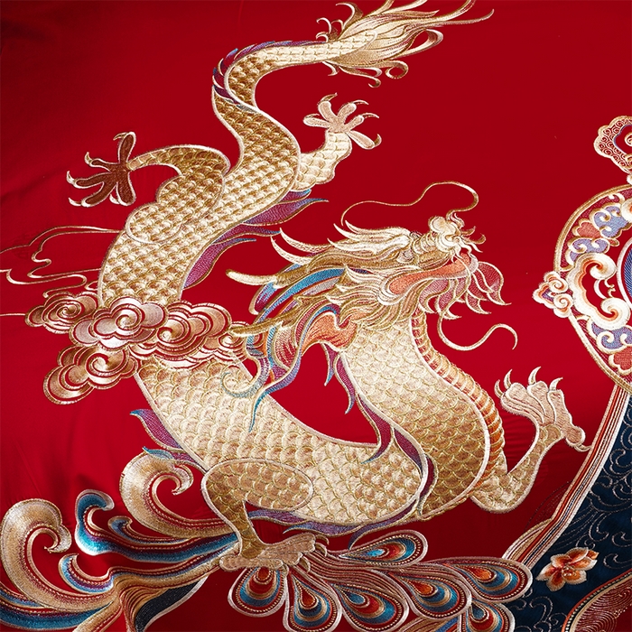 91家纺网 家纺一手货源 找家纺 用心 2025新款长绒棉刺绣新中式婚庆多件套系列 龙祥凤禧